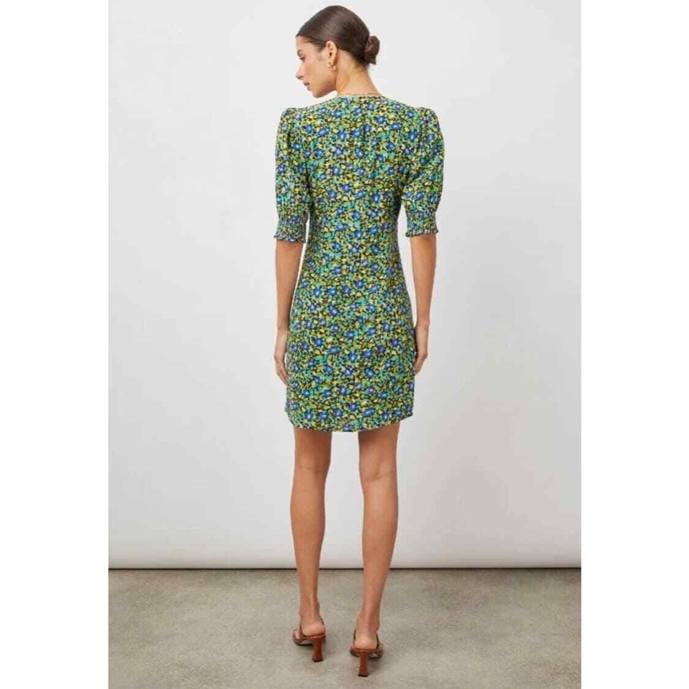 RAILS Roma Abstract Garden Dress Women Small Blue Floral Mini V-Neck Puff Sleeve - Picture 2 of 16